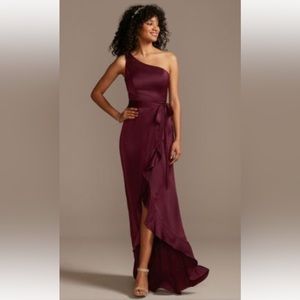 David’s Bridal- One shoulder crepe ruffle TALL bridesmaid dress in wine color